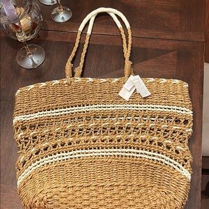 Elegant Woven Tan and Cream Tote Bag